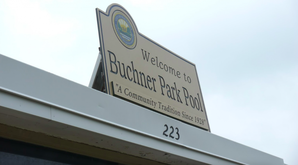 The Buchner Park pool sign.